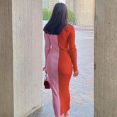 Abril Colorblock Button Front Knit Midi Dress - Red Tan DEE-001